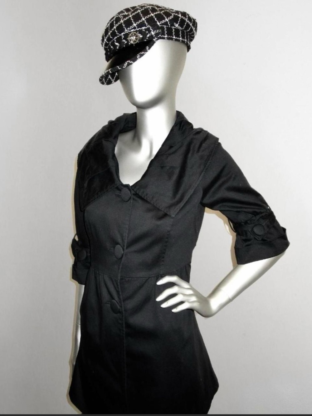 vintage french cache cache black mini trench, buttoned sleeves